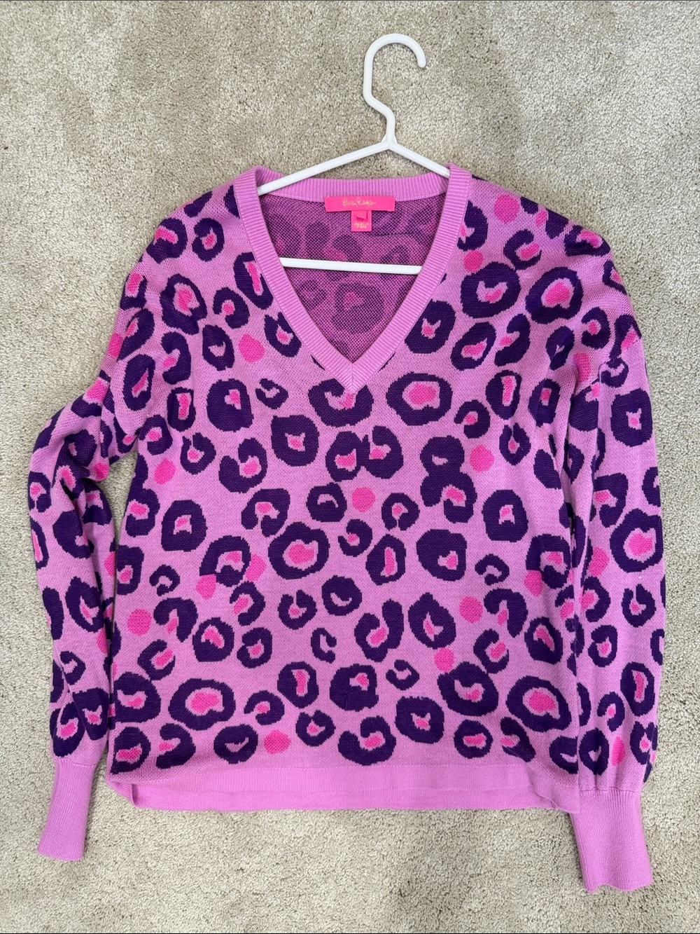 Lilly Pulitzer Pink & Purple Leopard V-Neck Sweater